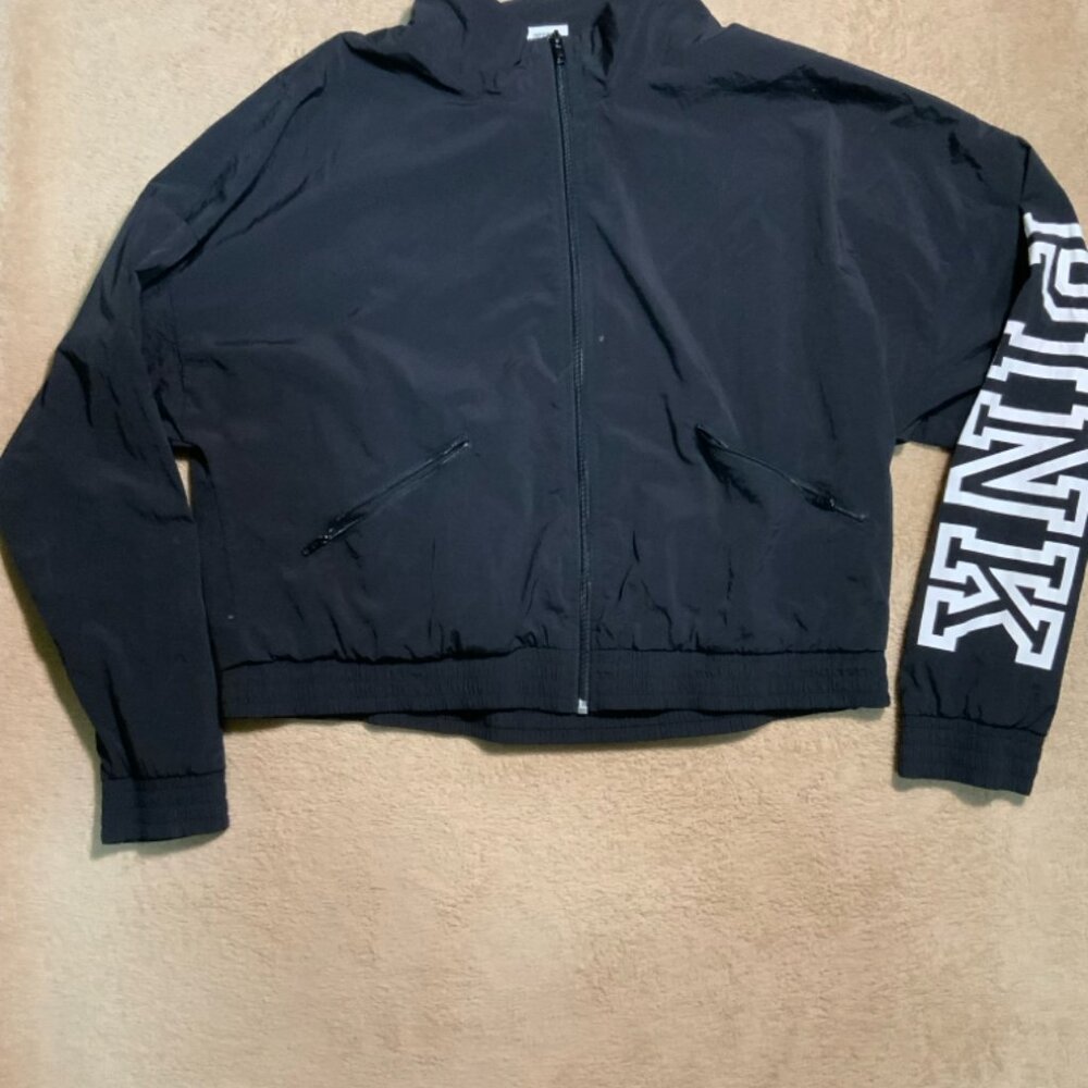 Victoria Secret PINK Women Large Black Logo on Sleeve Full Zip Pocket Jacket